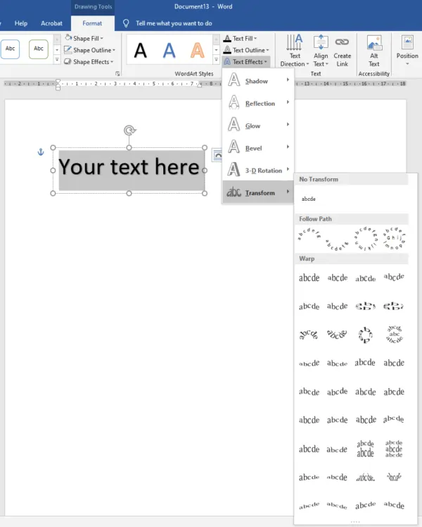 Curve text in word